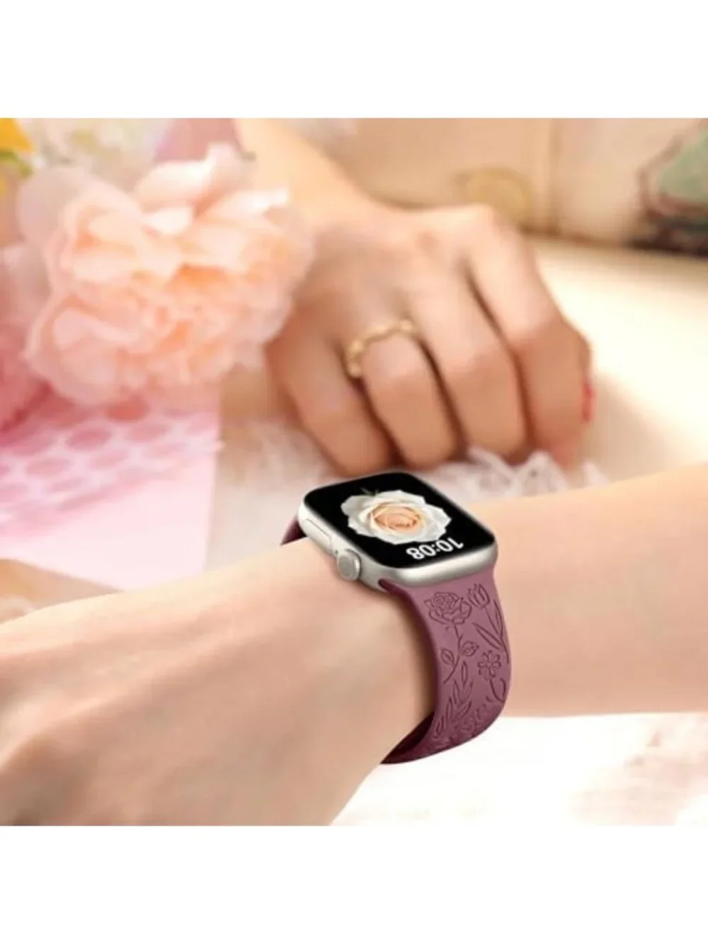 Floral Silicone Apple Watch Bands 6 Pack - Engraved Flower Pattern Straps for